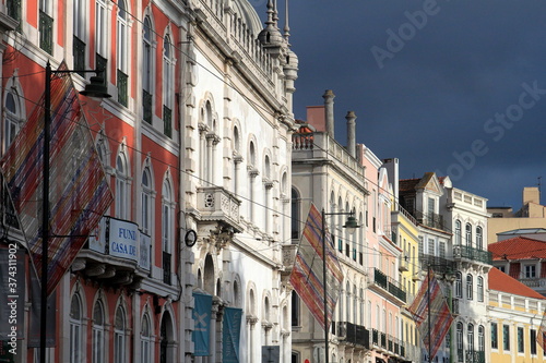 colorful streets with majestic facades  windows and balconies of Lisbon city in Portugal