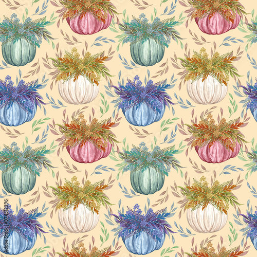 Watercolor pumpkins seamless pattern. Hand drawn autumn pumpkin with floral twigs. Fall background.