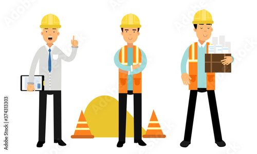 Foreman or Architect in Yellow Hard Hat Holding Draft and Controlling Site Work Vector Illustration Set