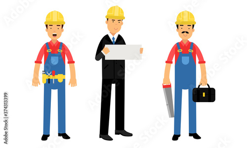 Young Man Constructor in Yellow Hard Hat and Blue Overall Holding Saw and Other Tools Vector Illustration Set