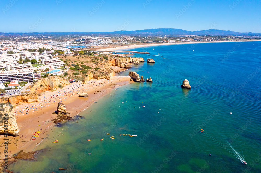 Obraz premium Aerial from Praia do Camillo on a rocky southcoast near Lagos in Portugal
