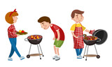 People Characters Having Barbeque Party Grilling Meat Vector Illustration Set