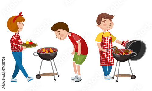 People Characters Having Barbeque Party Grilling Meat Vector Illustration Set