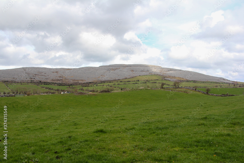 Very green landscape and a rocky mountain in the background in Ireland