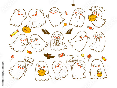 Set of cute little ghosts with pumpkins and bats and sweets isolated on white background - cartoon characters for funny Halloween design
