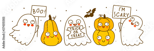 Cute little ghosts with pumpkins isolated on white background - cartoon characters border for funny Halloween design