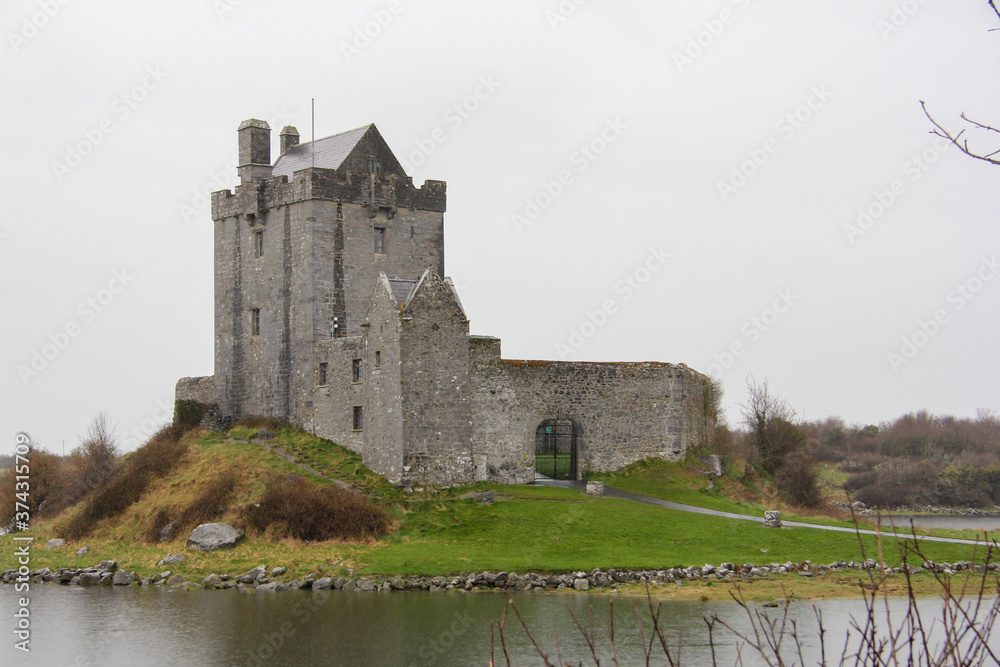 Stone castle in the middle of water and vegetation in Ireland