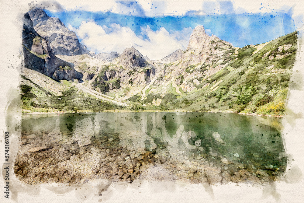 Beautiful mountains landscape during summer - waterpaint