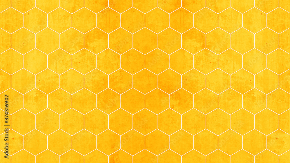 Abstract seamless yellow orange concrete cement stone tile wall made of hexagonal geometric hexagon print texture background