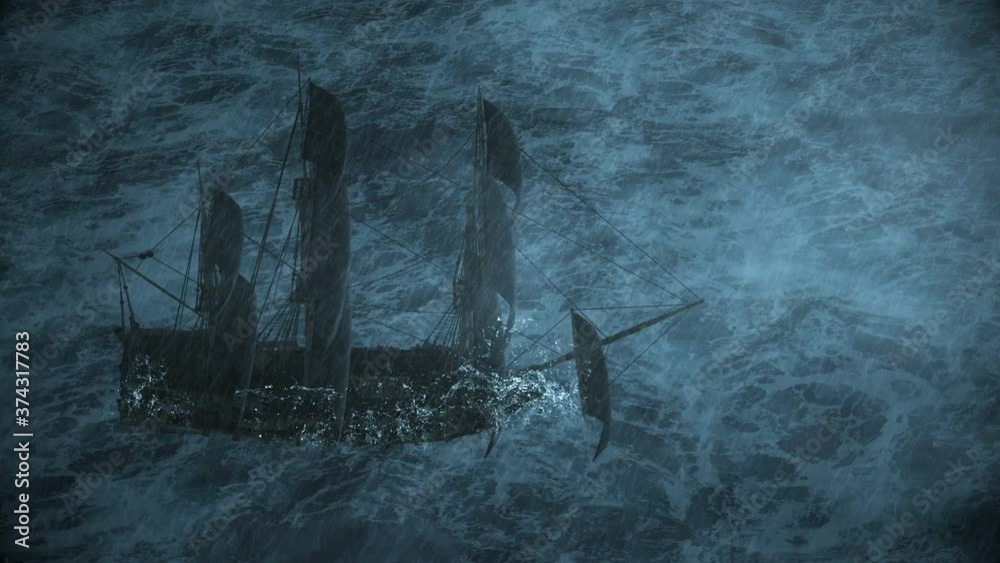 ship sailing in the ocean in a storm with rain and lightning, 3d animation