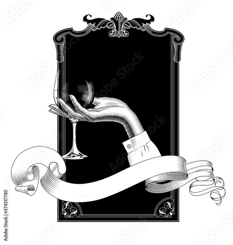 Female hand holding a wine glass, retro ribbon banner and a decorative frame. Vintage engraving stylized drawing. Vector illustration