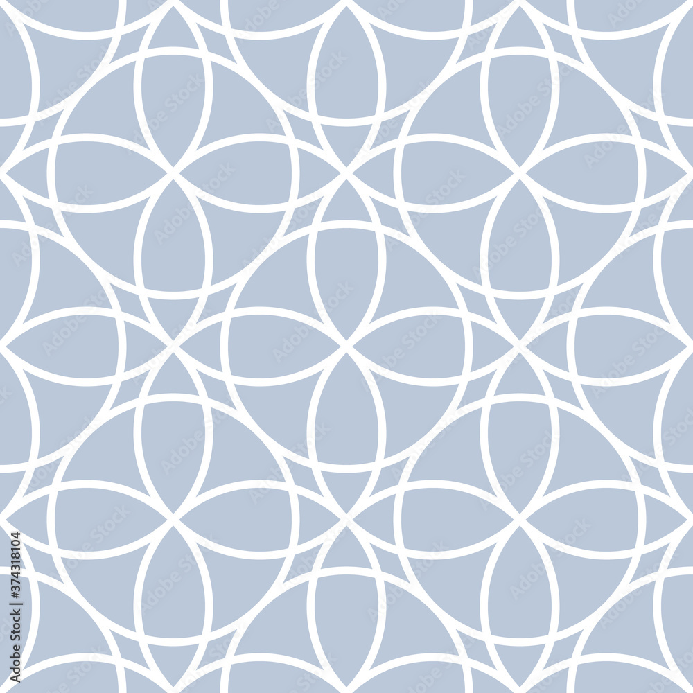 Fototapeta premium Abstract geometric vector seamless pattern. White crossing circles on blue grey background. Abstract arabic floral pattern. Vector illustration. Simple design for fabric, wallpaper, scrapbooking