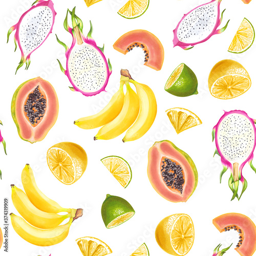 Fototapeta Naklejka Na Ścianę i Meble -  Lemon, lime, papaya, dragon fruit, pear, banana hand drawn watercolor seamless pattern