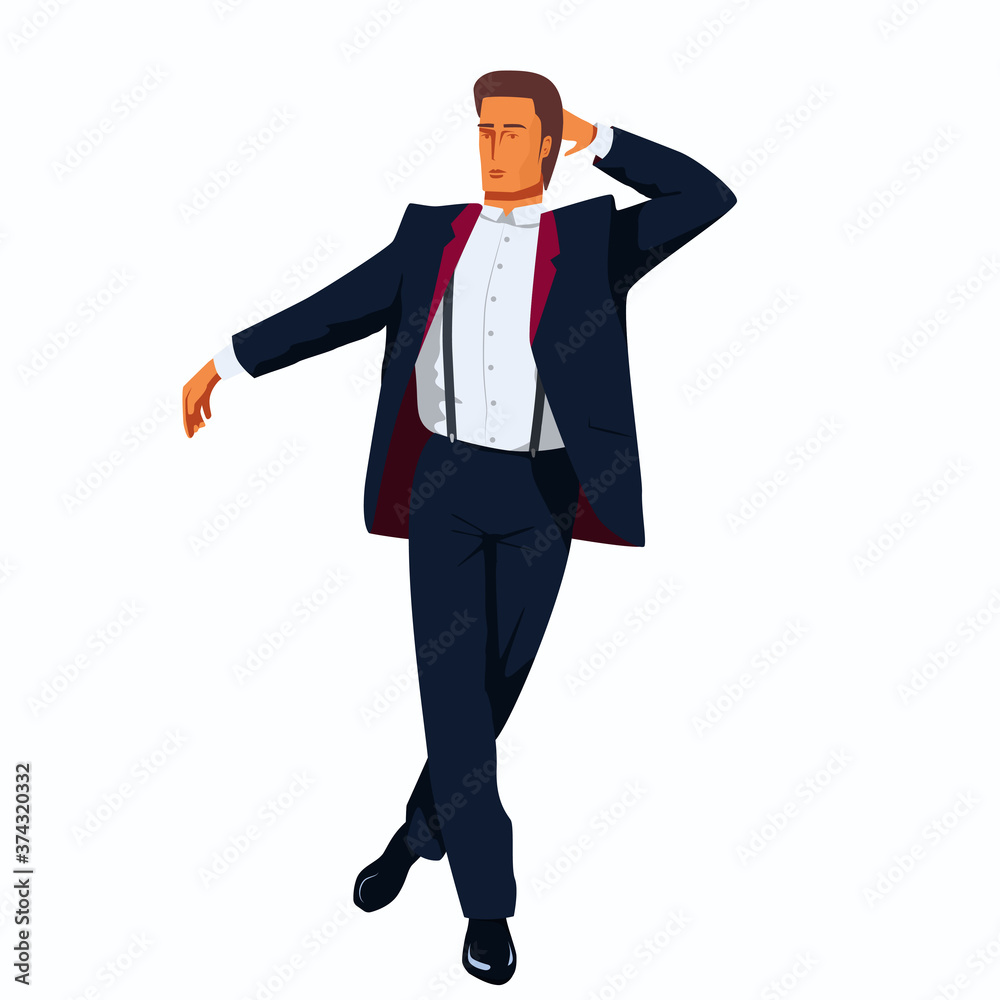 Senior man in a tuxedo is standing in a dancing pose. Elegantly Dressed in Formal Suit chick man depicts a victory dance