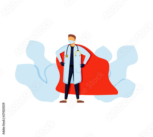 Super doctor wearing medical masks and capes, superhero couple, vector cartoon illustration