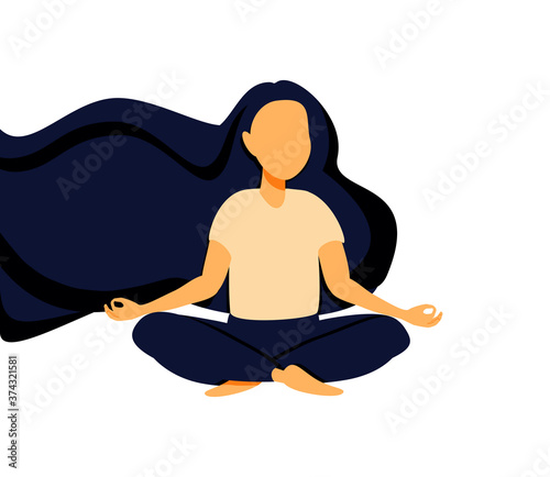 Happy woman sits on the floor with open arms. Young girl makes morning stretch. Smiling female character enjoys her freedom and life. Body positive and health care concept.