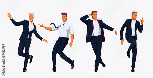 Young men in white shirt, trousers and tie are standing variable dancing poses. Elegantly Dressed in Formal Suit businessmen.