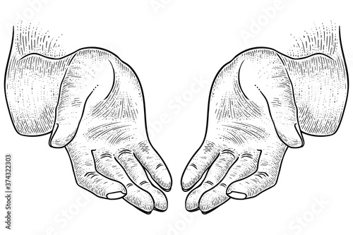 Open palms gesture, hand drawn vector, engraving style