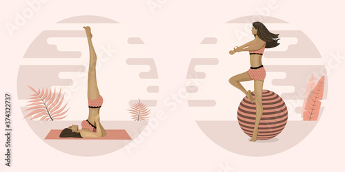 Young woman's is engaged in yoga or Pilates, doings exercises. vector illustration.