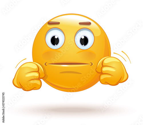 Emoji boxer. Fighter. Cockerel. Round yellow head with fists. Face emoticon got ready for a fight. Vector illustration 