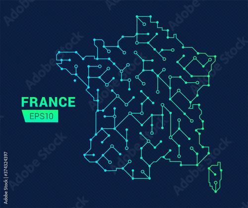 Abstract futuristic map of France. Electric circuit of the country. Technology background. 