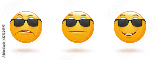 Indifferent emoticon face in sunglasses. Neutral expressionless emoji. Vector illustration