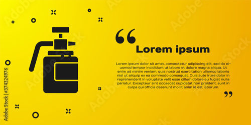 Black Garden sprayer for water, fertilizer, chemicals icon isolated on yellow background. Vector Illustration.
