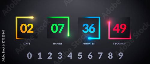 Vector Illustration Modern Futuristic Counter. Countdown With Colorful Lights On Dark Background
