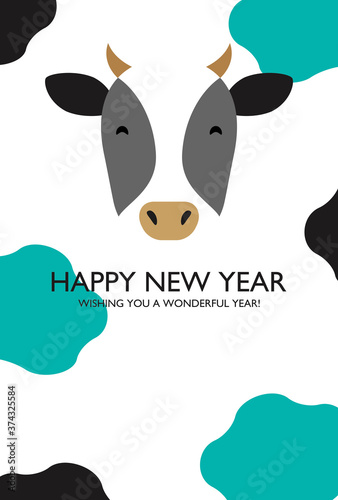 New Years Card Of Smiling Cow With Cow Pattern