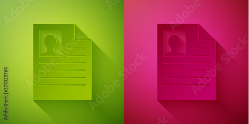 Paper cut Resume icon isolated on green and pink background. CV application. Searching professional staff. Analyzing personnel resume. Paper art style. Vector Illustration.