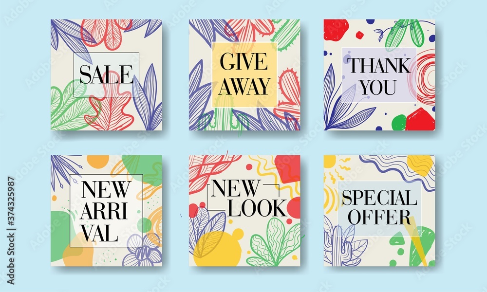 Trendy Modern Abstract Art Template Set with Colorful Floral Illustration and Geometric Shape for Social Media Post and Promotion