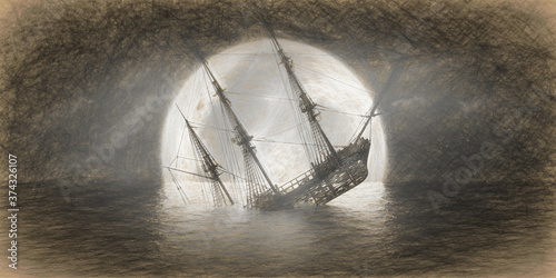 Fotografi sunken ship on the background of a large full moon, pencil sketch