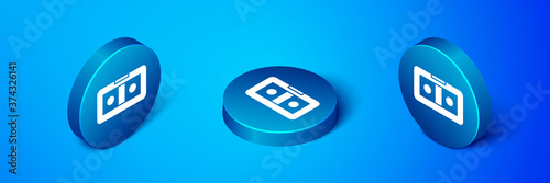 Isometric VHS video cassette tape icon isolated on blue background. Blue circle button. Vector Illustration.