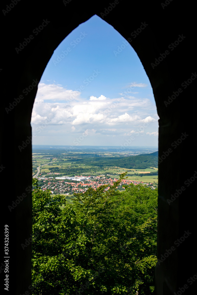 View from an archway into the valley, Hohenzollern Castle, Germany
