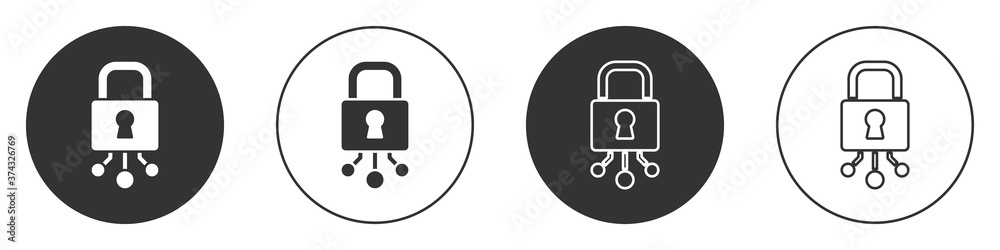 Black Cyber security icon isolated on white background. Closed padlock on digital circuit board. Safety concept. Digital data protection. Circle button. Vector.