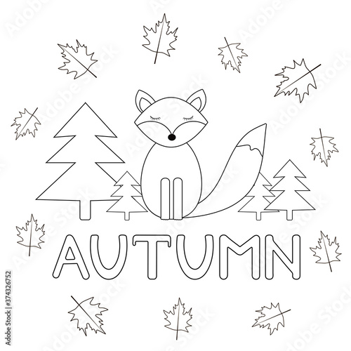 Autumn coloring page with cute fox.