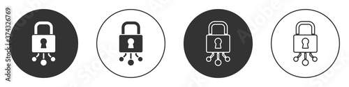 Black Cyber security icon isolated on white background. Closed padlock on digital circuit board. Safety concept. Digital data protection. Circle button. Vector.