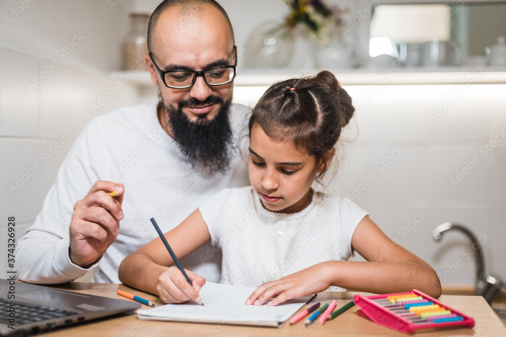 Naklejka premium Adult dad or teacher and happy cute preschool school child girl daughter study together learn write. 