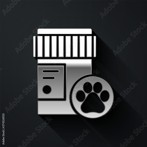 Silver Dog medicine bottle icon isolated on black background. Container with pills. Prescription medicine for animal. Long shadow style. Vector.