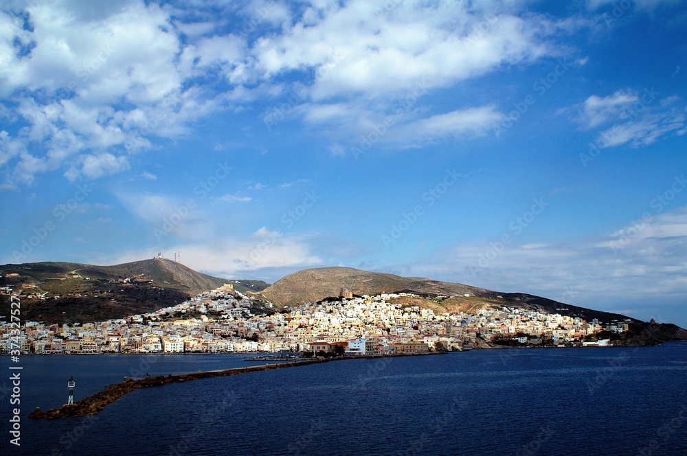 View of Ermoupoli town in Syros island, Cyclades, Greece.