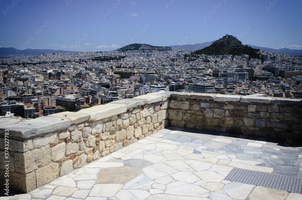 Greece, Athens, June 16 2020 - Viewpoint on Acropolis hill, empty of visitors.