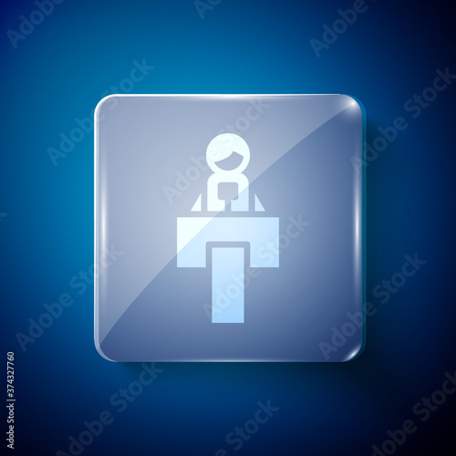 White Stage stand or debate podium rostrum icon isolated on blue background. Conference speech tribune. Square glass panels. Vector.
