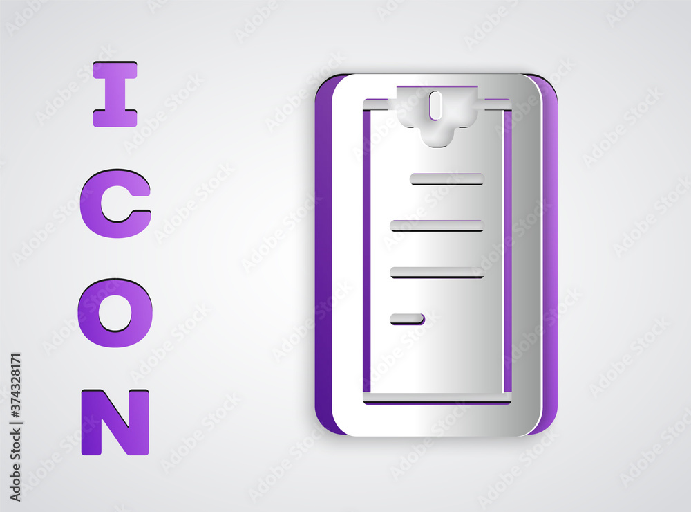 Paper cut Clipboard with checklist icon isolated on grey background. Control list symbol. Survey poll or questionnaire feedback form. Paper art style. Vector.