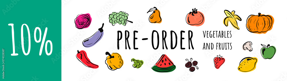 pre-order vegetables and fruits horizontal banner with colorful compositions of whole and sliced fresh vegetables and fruits in a realistic vector illustration style. banner with the discount space pre-order vegetables and fruits horizontal banner with colorful compositions of whole and sliced fresh vegetables and fruits in a realistic vector illustration style. banner with the discount space
