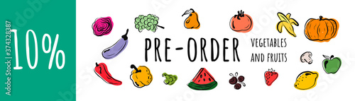 pre-order vegetables and fruits horizontal banner with colorful compositions of whole and sliced fresh vegetables and fruits in a realistic vector illustration style. banner with the discount space