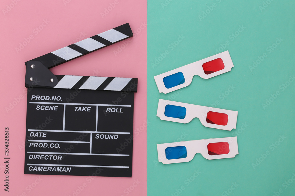 Movie clapper board with retro 3d glasses on pink blue pastel background. Cinema, Filmmaking, Movie production, Entertainment industry. Top view