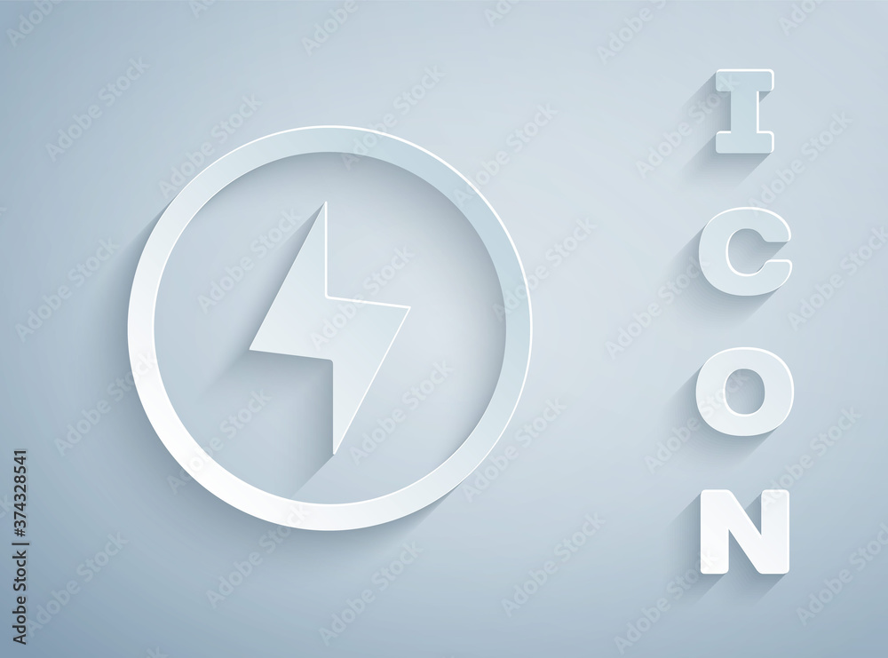 Paper cut Lightning bolt icon isolated on grey background. Flash sign. Charge flash icon. Thunder bolt. Lighting strike. Paper art style. Vector. Paper cut Lightning bolt icon isolated on grey background. Flash sign. Charge flash icon. Thunder bolt. Lighting strike. Paper art style. Vector.