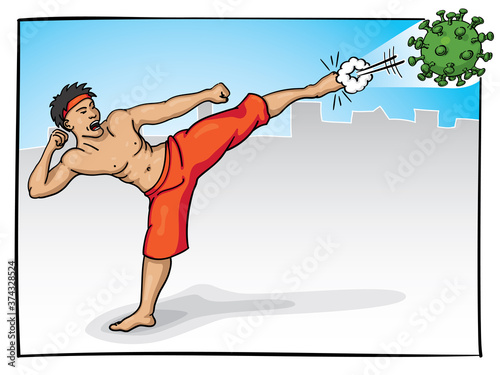 Bilde på lerret Kung Fu Fighter Kicks Coronavirus - Vector Cartoon Illustration 2