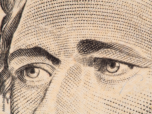 Alexander Hamilton eyes extreme macro on US 10 dollar bill, united states money closeup, 2013 series