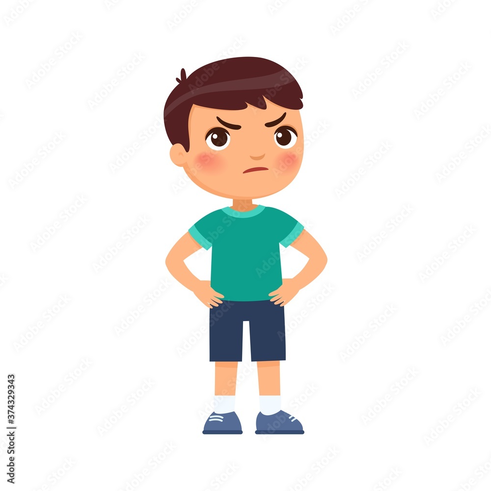 Little angry boy hands on hips. Conduct disorder, child psychology. Cute cartoon character isolated on white background. Flat vector color illustration. Little angry boy hands on hips. Conduct disorder, child psychology. Cute cartoon character isolated on white background. Flat vector color illustration.